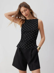 Polka Dot Boat Neck Ruched Mid Rise Romper