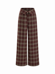 Wool-look Mid Rise Plaid Fold Over Button Straight Leg Trousers
