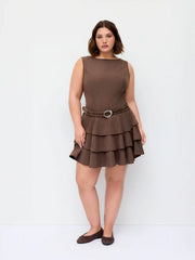 Round Neckline Layered Hem Mini Dress With Studded Belt Curve & Plus