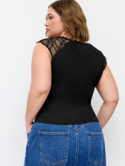 Cotton-blend Scoop Neck Lace Panel Tie-front Tank Top Curve & Plus