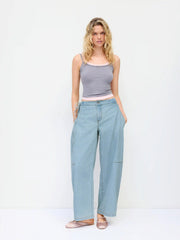 Denim Mid Rise Barrel-Leg Side Strap Jeans