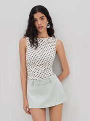 Boat Neck Polka Dot Ruched Bodysuit