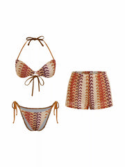 Halter Neckline Wave Triangle Tie Side Bikini Set With Cover Up Shorts