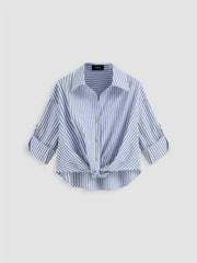 Cotton-blend Collar Striped Knotted Roll-up Long Sleeve Shirt