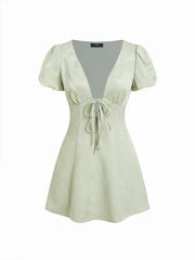 Jacquard V-neck Puff Sleeve Tie Front A-line Mini Dress