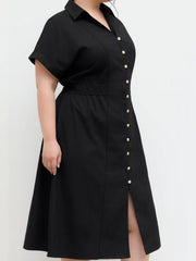 Linen-blend Polo Shirred Button Through Midi Shirt Dress Curve & Plus