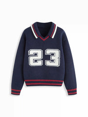 23 Knit Collar V-neck Long Sleeve Contrasting Binding Top