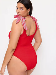 Shaping Red Bow Tie Textured One-piece Swimsuit Curve & Plus