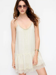 Chiffon Scoop Neck Lace Panel Ruffle Hem Straight Mini Dress