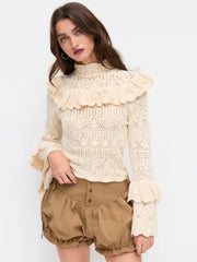Knit Stand Collar Ruffle Hollow Out Long Sleeve Top