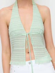 Textured Halter Neck Tie Front Shirred Lettuce Trim Cami Blouse
