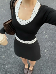 Halter Neckline Polka Dot Top & V Neck Long Sleeve Top
