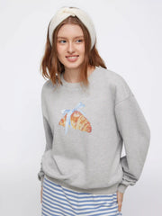 Cotton-blend Croissant Graphic Top & Striped Mid Rise Drawstring Wide Leg Trousers Loungewear Set