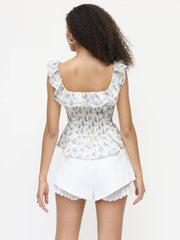Textured Cotton-blend Floral Scoop Neck Ruffled Tank Blouse