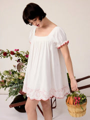 Fruit Embroidery Square Neck Puff Sleeve Babydoll Smock Mini Dress