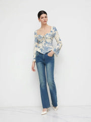 V-neck Toile de Jouy Knotted Long Sleeve Crop Top