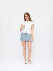 Denim Low Rise Washed Metal Detail A-line Mini Skort