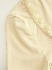 Square Neck Lace Trim Ruched Front Button Tee