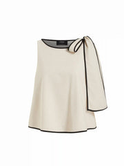 Linen-blend Boat Neck ColorBlock Knotted Blouse