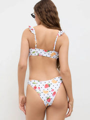 U-neckline Fruit Polka Dot Bowknot Lettuce Trim Bracelet Cheeky Bikini Set