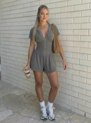 Textured V-neck Ruched Front Romper