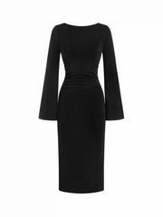 Boat Neck Bell Sleeve Backless Ruched Midi Dress With Chain Detail