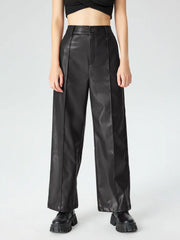 Faux Leather Solid High Waist Wide Leg Trousers