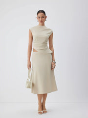 Mock Neck Ruched Asymmetrical Hem Top & Mid Rise A-line Midi Skirt Set