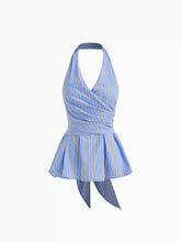 Cotton-blend Halter Neckline Stripe Bowknot Ruffle Hem Top
