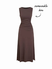 Boat Neck Ruched Flared Maxi Dress