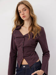 Cotton-blend Collar Tartan Ruched Bell Sleeve Shirt
