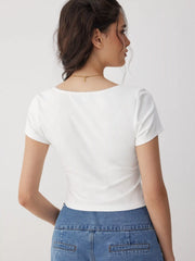 Cotton-blend Scoop Neck Lace Panel Lace Trim Short Sleeve Tee