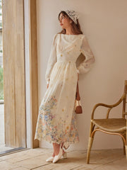 Chiffon Boat Neck Floral Embroidery Ruffle Maxi Dress