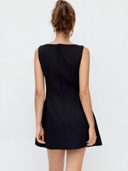 Boat Neck Metal Detail A-line Mini Dress