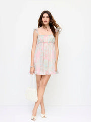 Chiffon Lace Ruffle sleeve Abstract Ruched Smock Dress