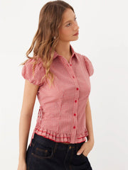 Cotton-blend Gingham Knotted Ruffle Hem Puff Sleeve Blouse