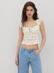Ditsy Floral Knotted Lettuce Trim Crop Tank Top