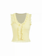 Cotton-blend V-neck Lace Trim Ruffled Tank Top