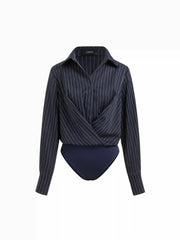 Striped Collar Long Sleeve Wrap Shirt Bodysuit