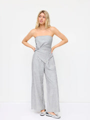 Cotton-blend Stripe Asymmetrical Hem Ruched Shirred Wide Leg Bandeau Jumpsuit