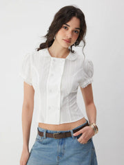 Cotton-blend Textured Puff Sleeve Ruffled Short Sleeve Blouse