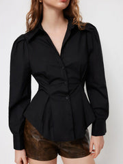 Cotton-blend Pleated Cinched Waist Puff Sleeve Shirt