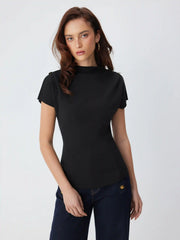 High Neck Ruched Metal Button Short Sleeve Top