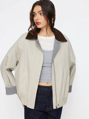 Cotton-Blend Gingham Colorblock Collar Zip Through Oversized Barn Jacket