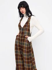 Tweed Plaid V-Neck Wide Leg Overalls