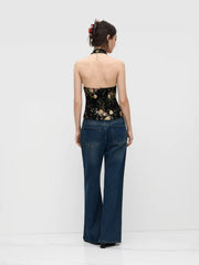 Jacquard Mandarin Collar Floral Tie Front Cut Out Tank Top