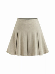 Cotton-blend U-neckline Stripe Tie Front Bow Lantern Sleeve Top & Mid Rise Pleated Mini Skirt Set
