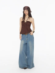 Cotton-blend Halter Neckline Ruched Metal Detail Shirred Top