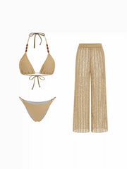 Halter Neckline Beaded Strap Triangle Top & Low Rise Crochet Pants Bikini Swimsuit