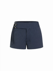 Low Rise Striped Shorts With Metal Detail Belted Waist